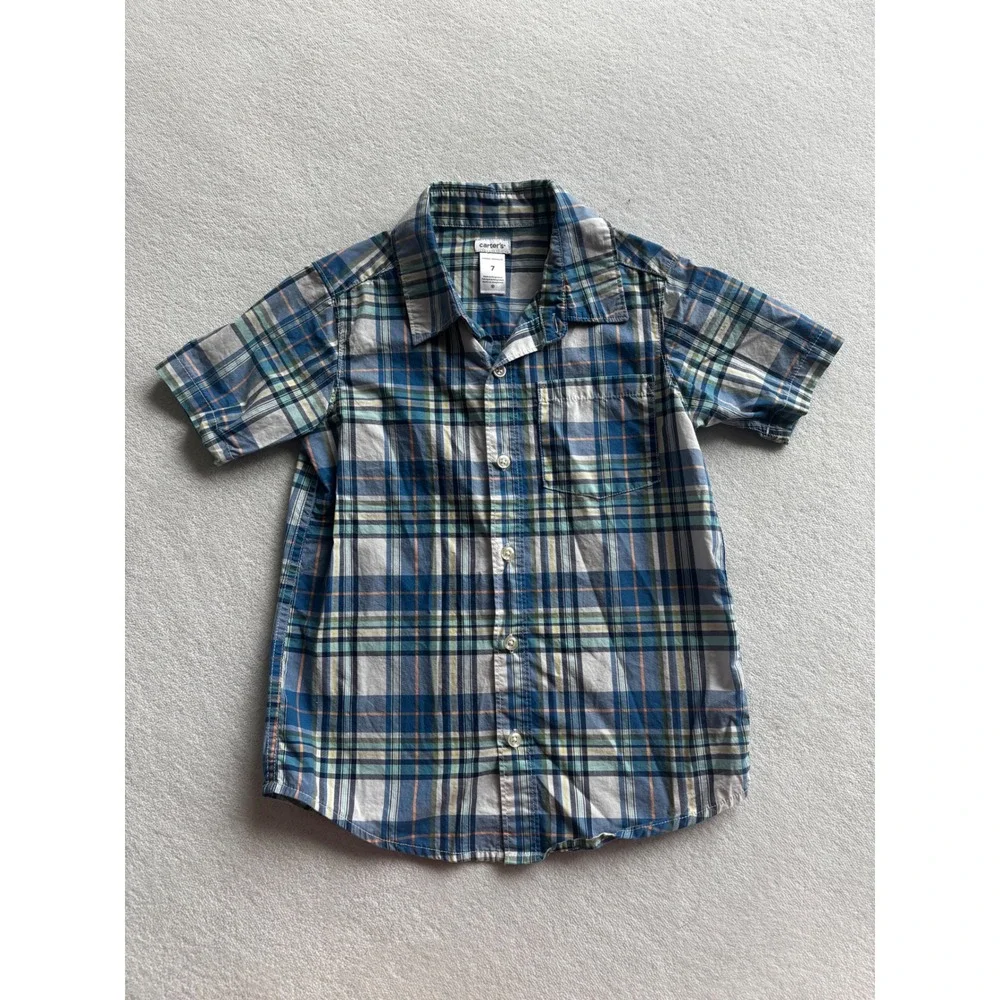 Carter's Plaid Button Down Shirt Kids Boys Size 7 Blue Green Short Sleeve Cotton